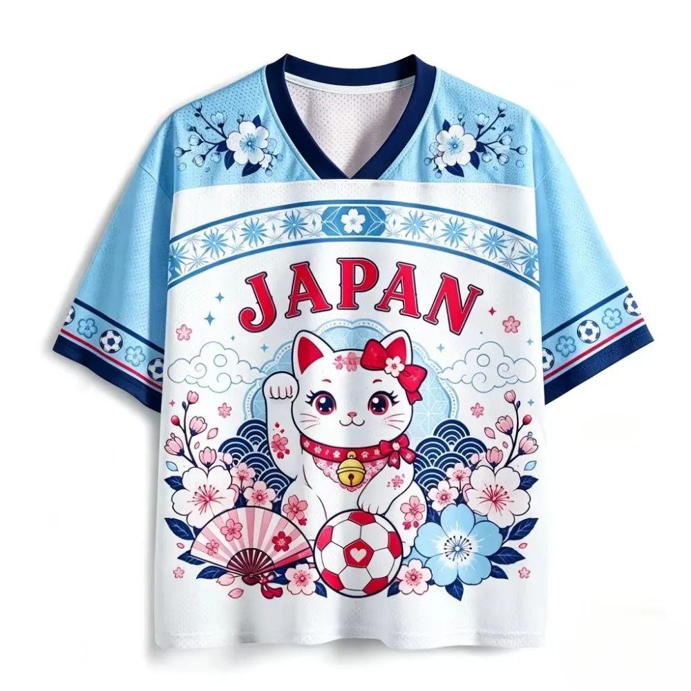 New Summer Men's Mesh V-Neck Jersey T-Shirt—Cute Maneki-neko Print Loose-Fit Short-Sleeve Top Retro Street Style T-Shirt