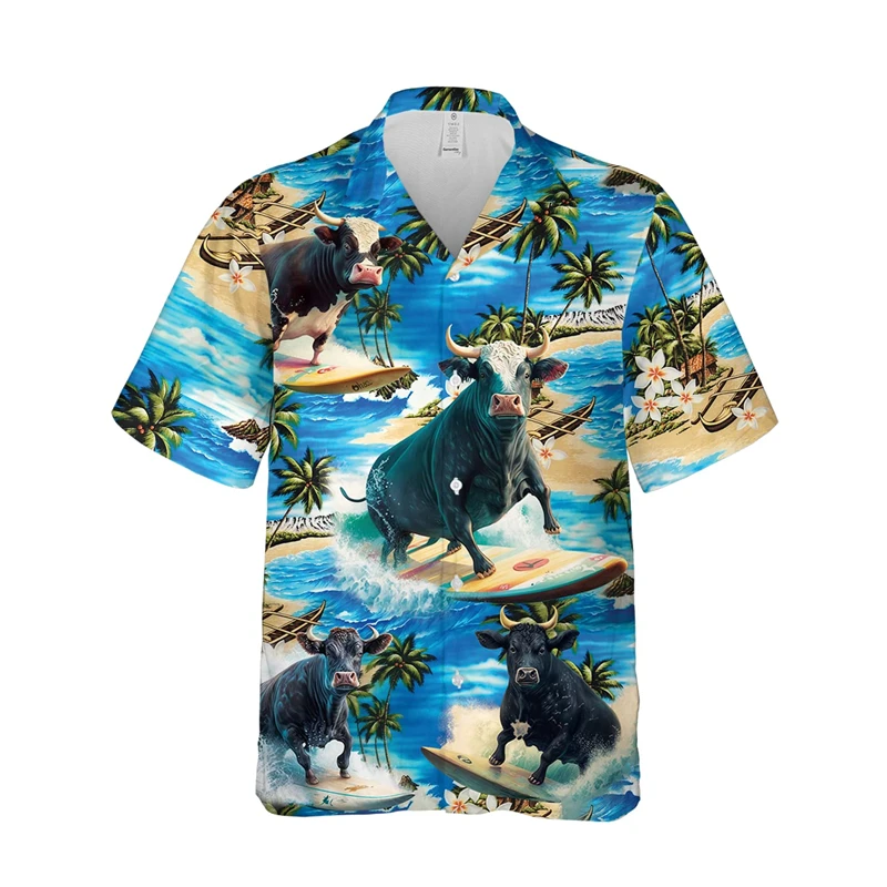 Cute Cow Surfing Graphic Shirts For Men Clothes Casual Hawaii Women Beach Shirt Hip Hop Surf Sport Lapel Blouse Vacation Tops