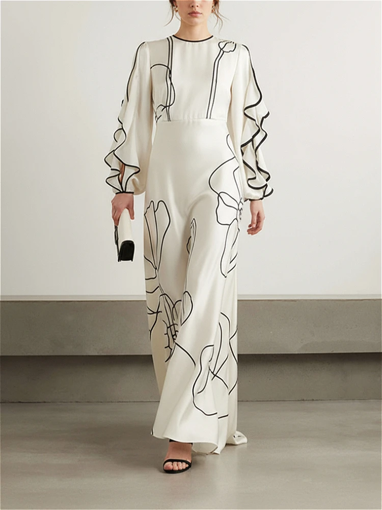 2026 Women White Black Line Printed Maxi Dress Round Neck Ruffle Sleeve High Waist A Line Pleated Stylish Party Dress - view 2