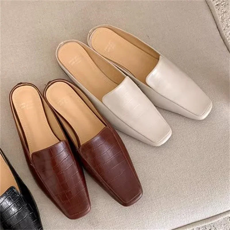 Crocodile Pattern Shoes For Ladies Square Toes Loafers Low Heels Sewing Lines Female Mules Shallow Chassure Femme Solid Womens