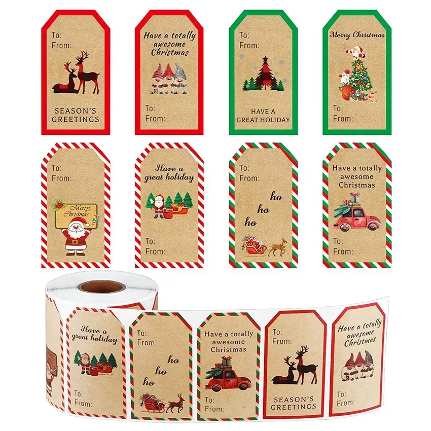 50-300Pcs Merry Christmas Gift Tags Kraft Paper Stickers Gift Box Wrapping Decor Seal labels Gift Card Christmas Favors Supplies