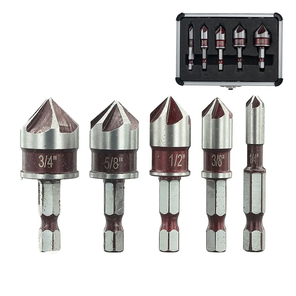 

Professional HSS Countersink Drill Bit Set 82Degree Chamfer Tool Hexagonal Shank Design Sizes 1/4 3/8 1/2 5/8 3/4in