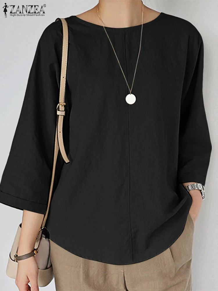 

ZANZEA 2022, модная женская однотонная блузка с рукавом 3/4, летние топы, туника, повседневная свободная хлопковая рубашка, женская рабочая блузка с круглым вырезом, оверсайз