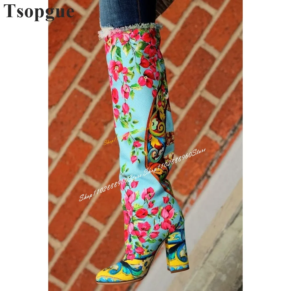 Knie Hoge Trendy Mixed Color Bloemenlaarzen Dikke Hoge Hak Schoenen Voor Vrouwen Slip On Ronde Neus 2024 Mode Zapatos Para Mujere