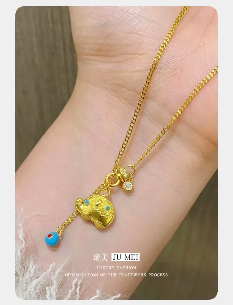 NovaGlod Dundu Elephant Running Ring 9999 Set of Chain Imitation Turquoise Pendant  for Women Niche Light Luxury 24K Real Gold N