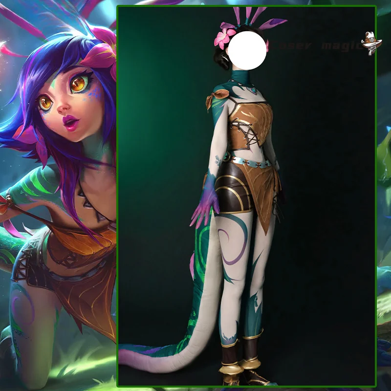 أزياء LOL the Curious Chameleon Neeko التأثيرية للنساء من Neeko أزياء حفلات الهالوين مجموعة كاملة مع ذيول #2
