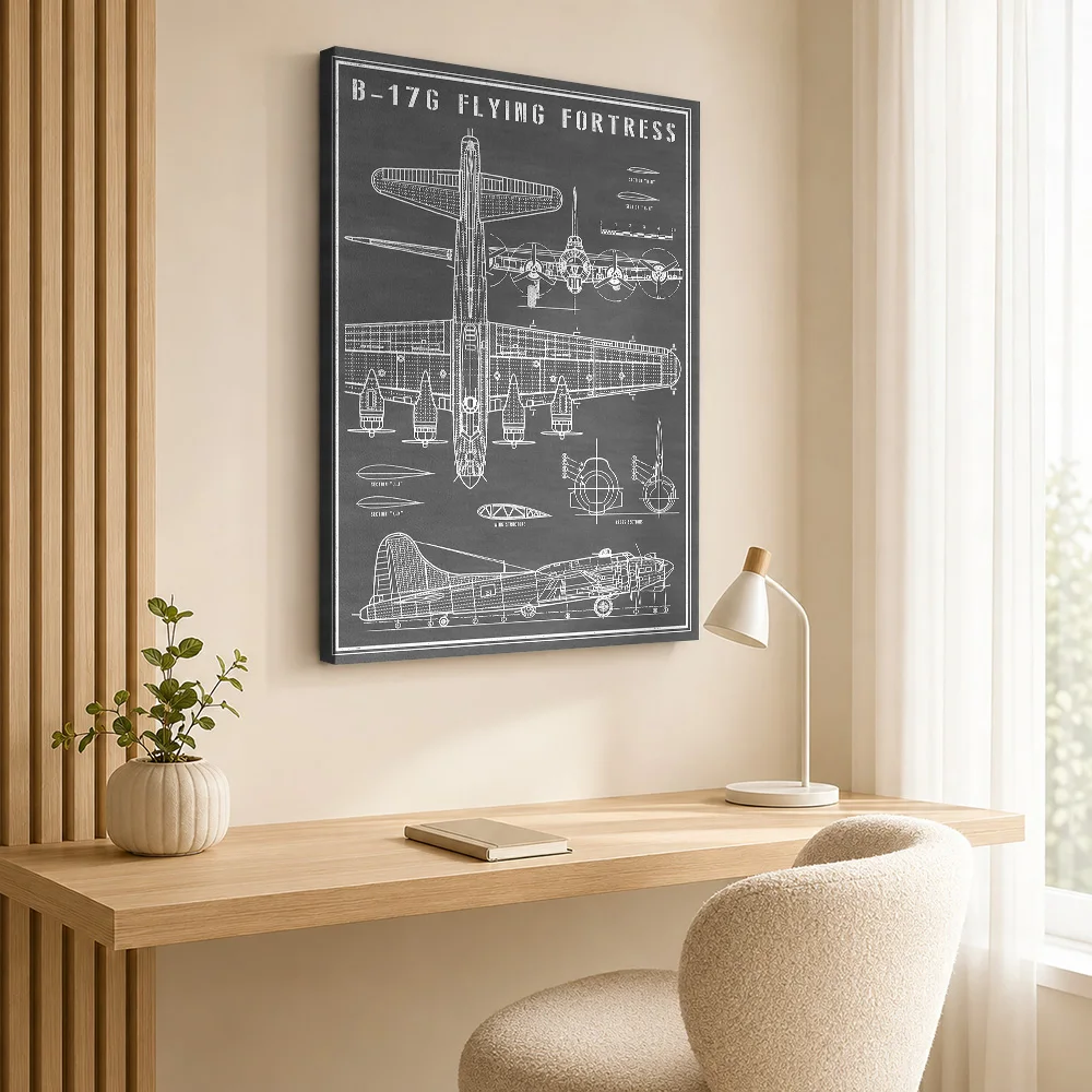 B-17 Flying Fortress Aircraft Wood Framed Canvas Poster Customized Photo Annotated Technical Linework Wall Art For Home Office