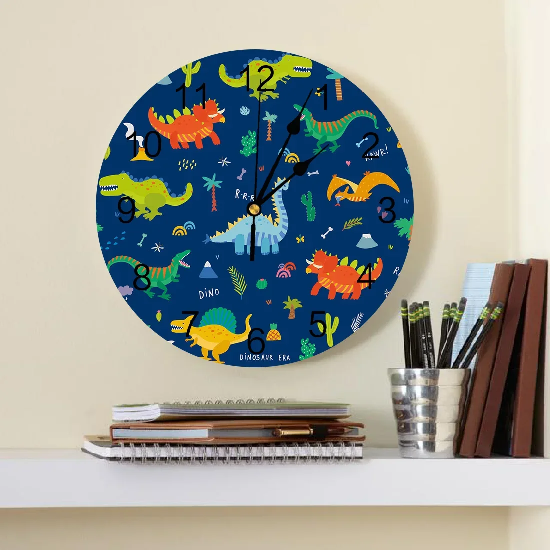 Colorful Cartoon Dinosaur Blue Decorative Round Wall Clock Custom Design Non Ticking Silent Bedrooms Large Wall Clock