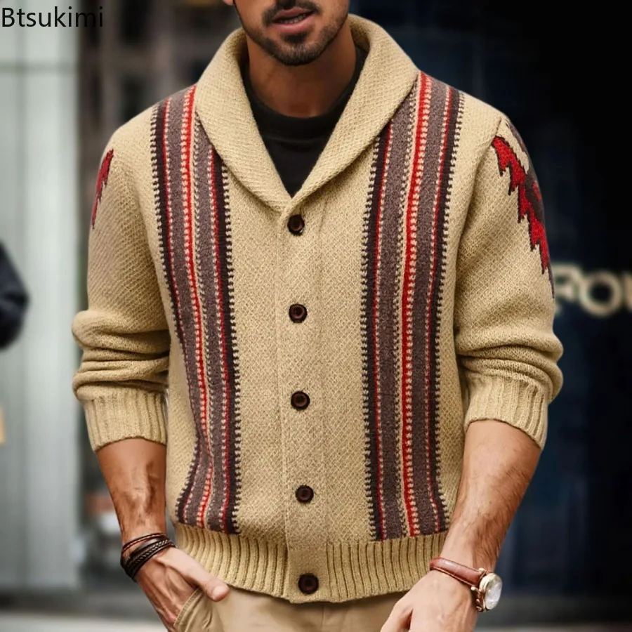 

High-end Knitted Sweaters for Men Autumn Winter Retro Jacquard Cardigan Long Sleeve Knitted Warm Sweater Coats New Men's Clothes