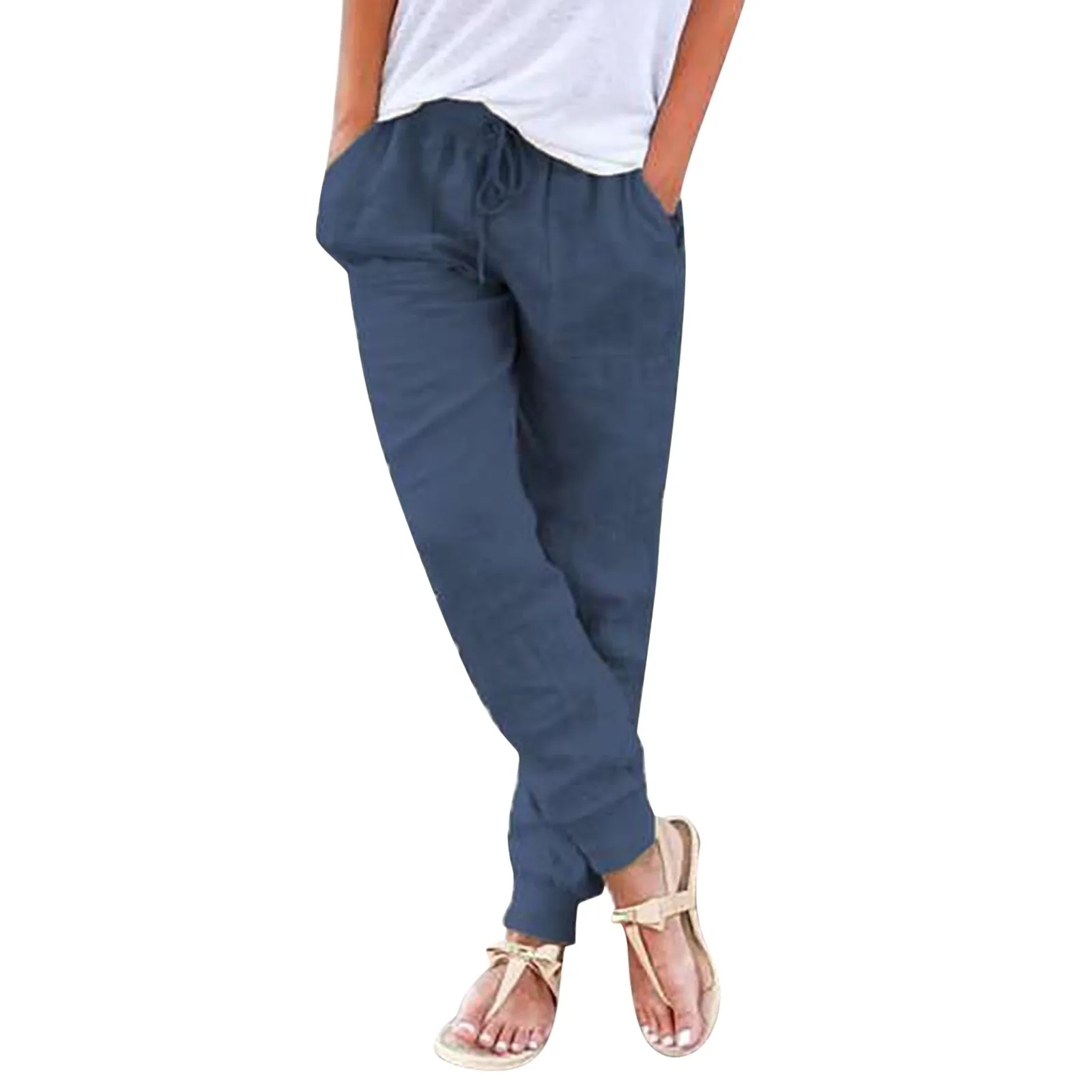 Women's Tapered Pants Drawstring Back Elastic Waist Long Pants Solid Color Simplicity Loose Casual Trousers With Pockets