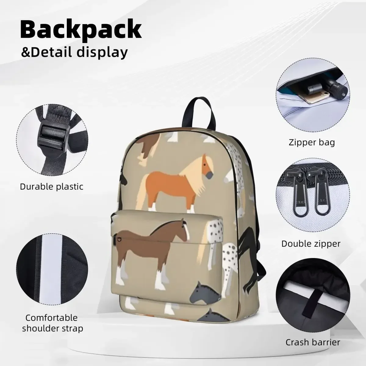 Sacs à dos à motifs de étudiés de chevaux, sac de livre étudiant, sac à dos pour ordinateur portable, sac à dos de voyage étanche, sac d'école pour enfants, initié