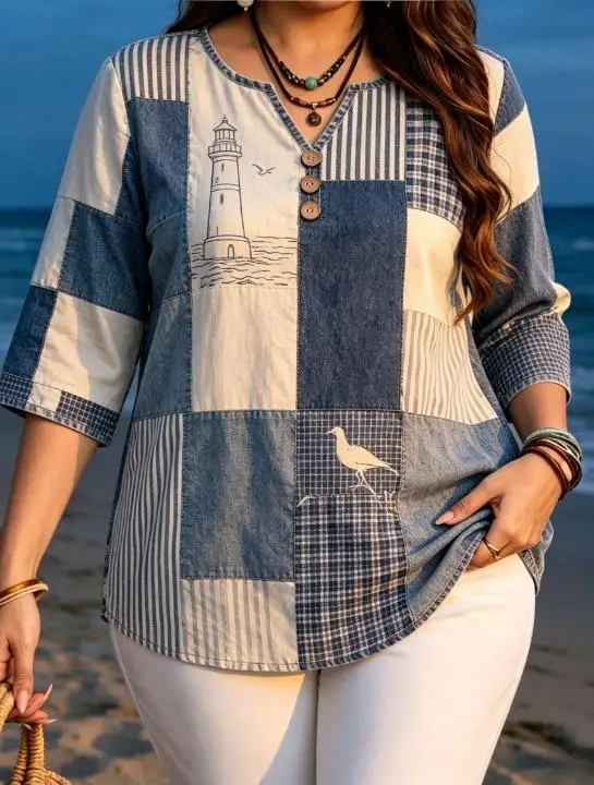 6 Styles Nautical Floral Patchwork Plaid Stripe Linen Blouses Notch Split V Neck 3 Decor Buttons 3/4 Sleeve Women Beach Shirts