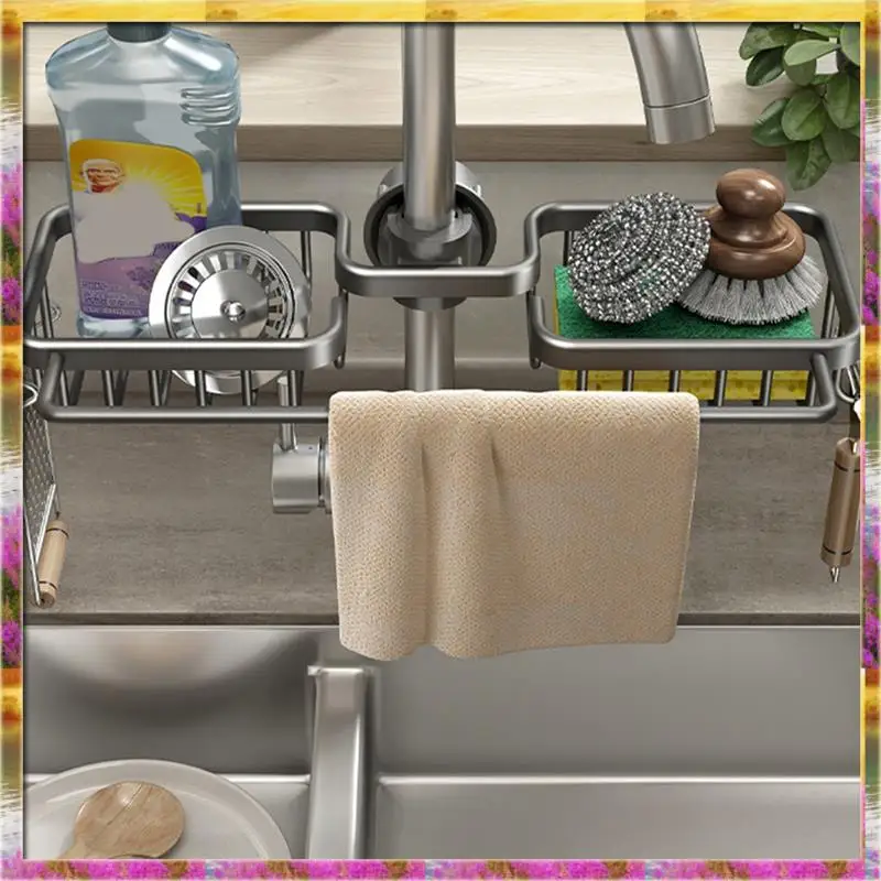 ABSU المطبخ الفضاء الألومنيوم بالوعة استنزاف رف الإسفنج تخزين صنبور حامل تجفيف الصابون الرف سلة المنظم #3
