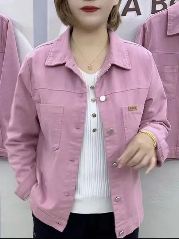 

Waed Denim Jaet Long Sve ort Sle Casual Loose Mom Clothes Anti-Aging Autumn New Large Size Open Cardigan