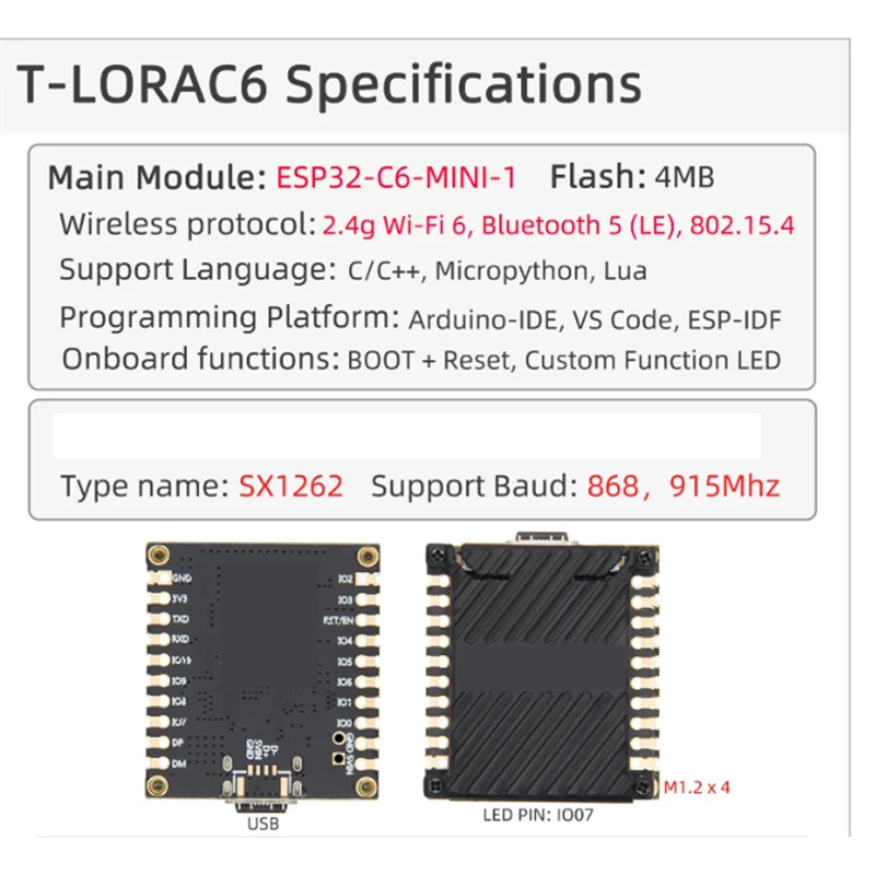 T-Lorac6 Main ESP32-C6 Lora Module SX1262 Lorawan Long Range Low Power Development Board Stamp Holes PCB
