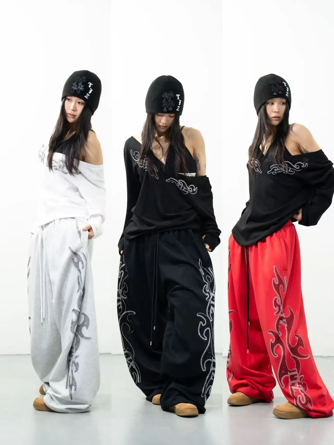 

American Sle Loose oulder Drapey Sweatpants Street Sle Straight Leg Cotton TIZ Return Knife Series Rhinestone Series