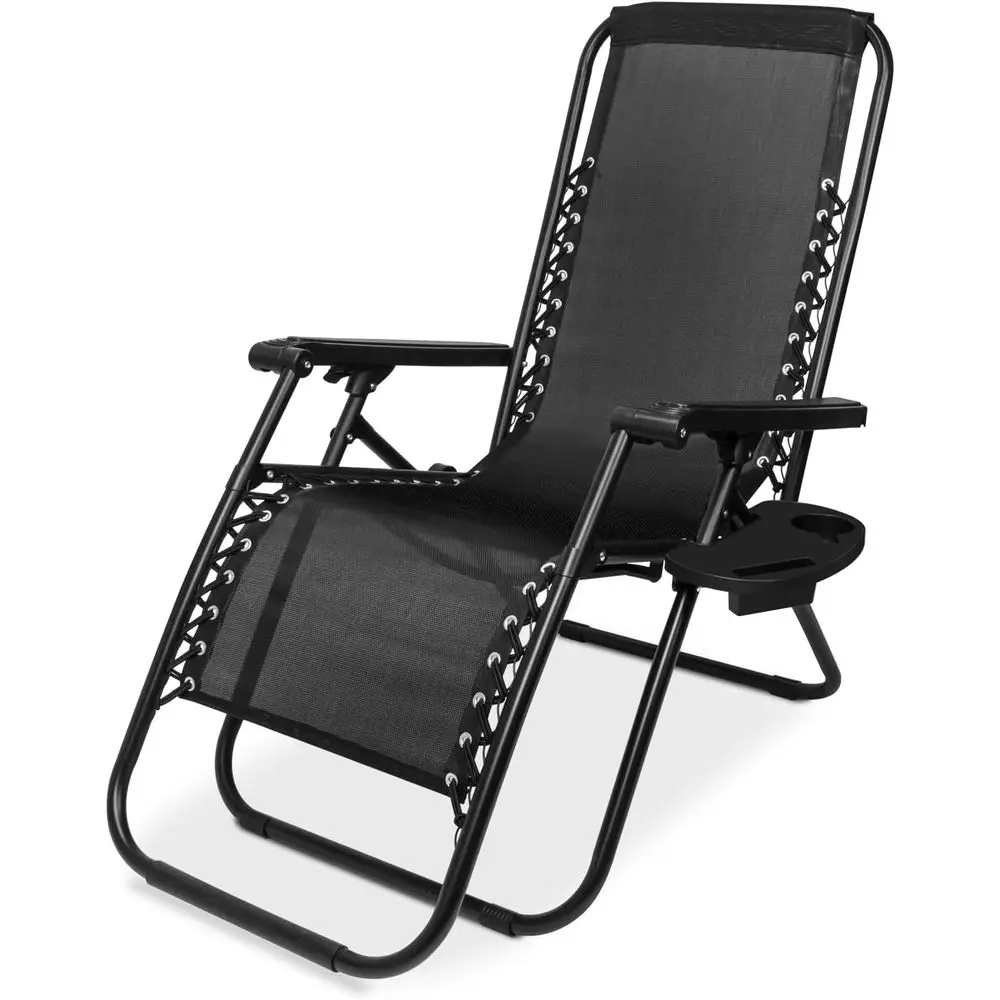 

Black Adjustable Mesh Zero Gravity Lounge Chair with Pillows and Cup Holder Trays