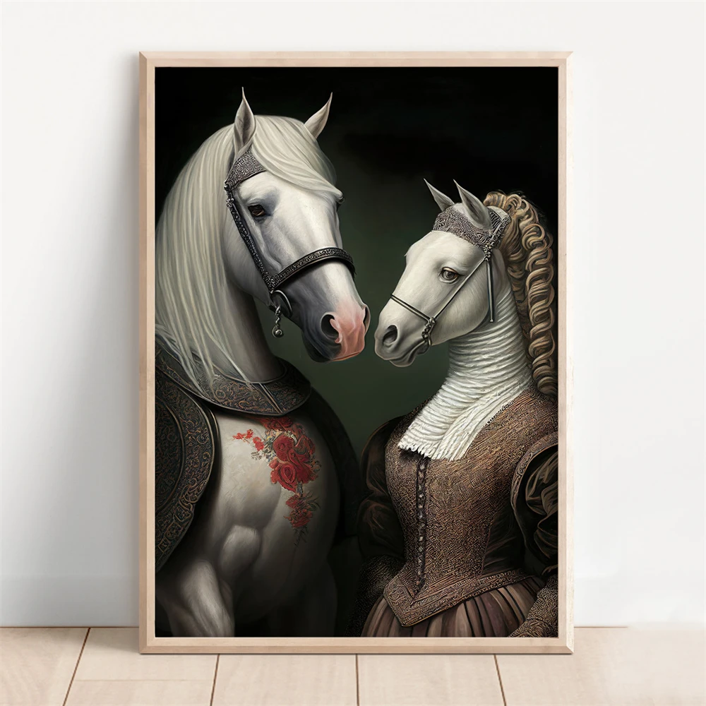 Aristocratic Hippo Couple Renaissance Portrait Prints Funny Animal Art Poster Highland Cow Couple Renaissance Portrait Canvas