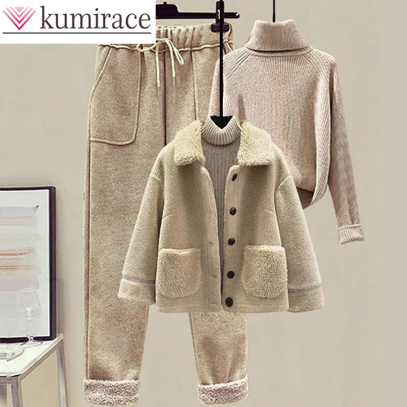 2023 Winter Lamb Plush Fur Integrated Pellet Fleece Coat Sweater Casual Pants Three Piece Elegant Women\'s Pants Set