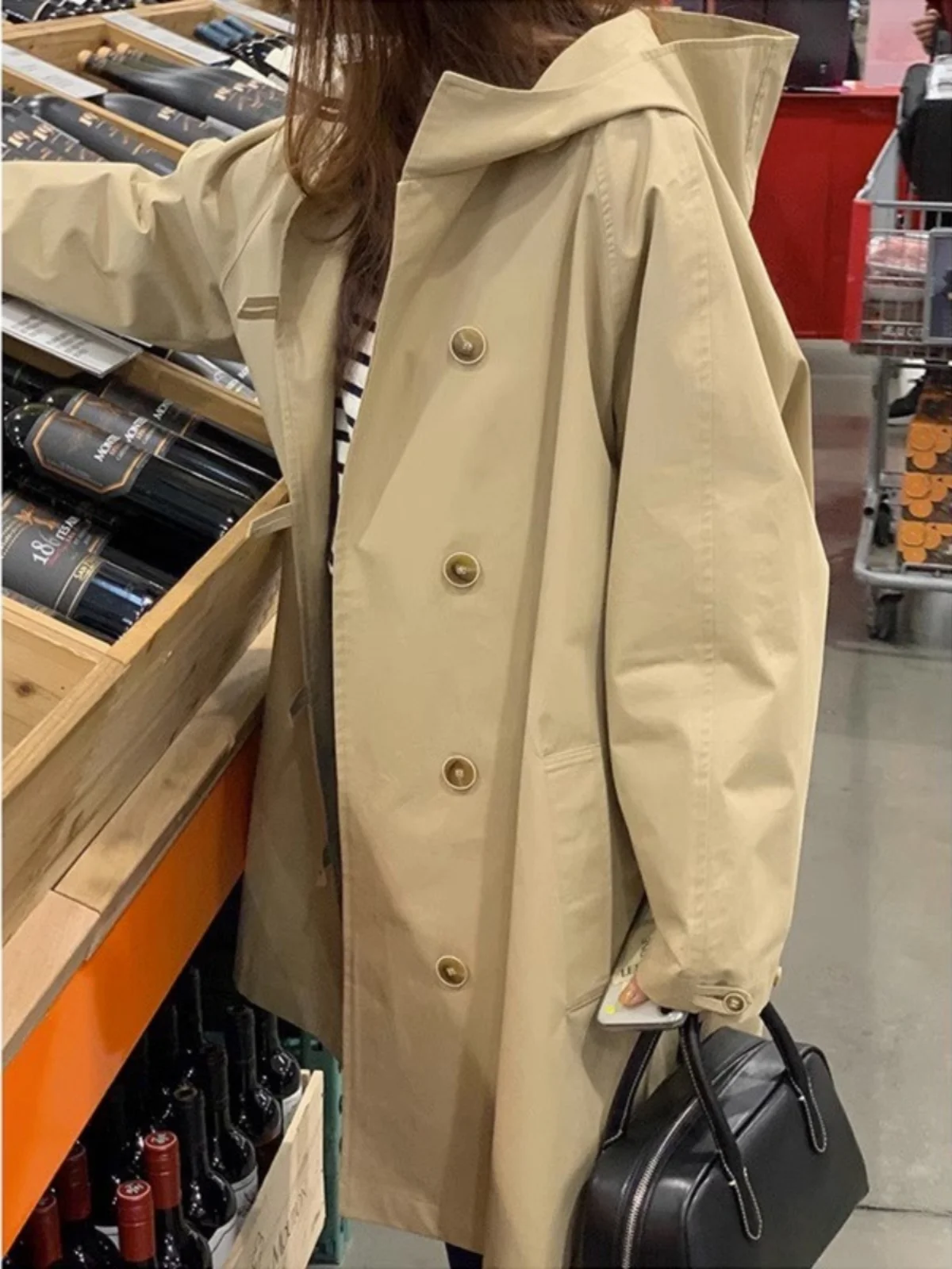 

Khaki Color Hooded Windbreaker Jaet Women's Loose Fit Slimming Medium-Length Casual Sle Autumn New Arrival Coat