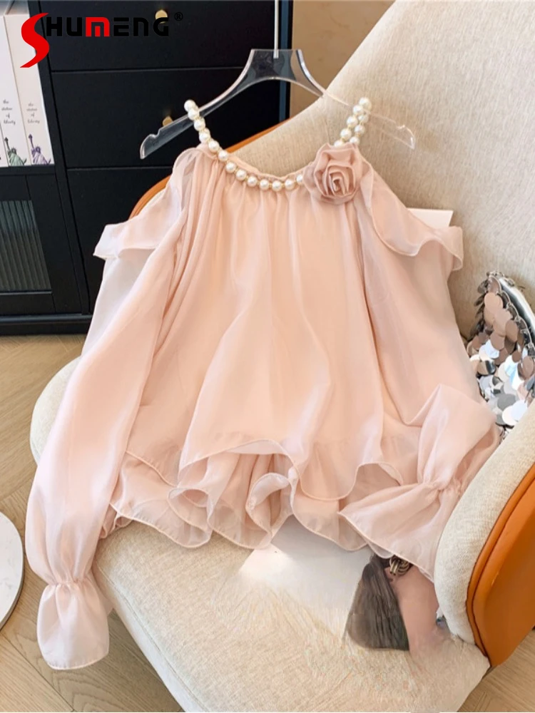 Elegant Bow Neck Off-the-shoulder Long-sleeve Blouse 2024 Early Autumn New Women's Flared-sleeve Chiffon Shirt Solid Color Tops