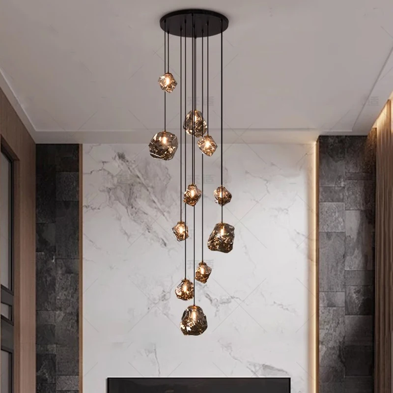 Lampadario a LED in vetro fulvo di design moderno, lampadario a soffitto regolabile in altezza per l'illuminazione del soggiorno della villa dell'hotel