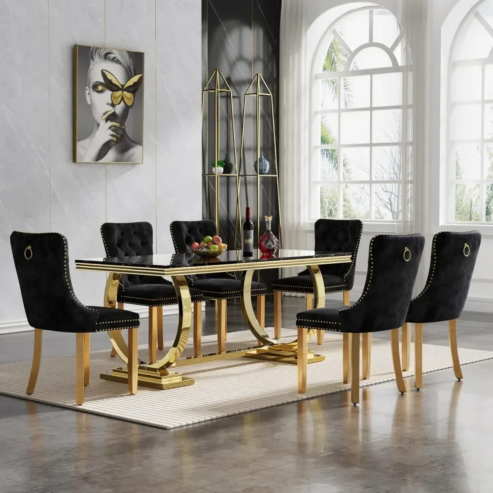 Dining Table and Chairs ,w/6 Black Velvet Upholstered Chairs,7 Piece Black Faux Marble Dining Room Table Set