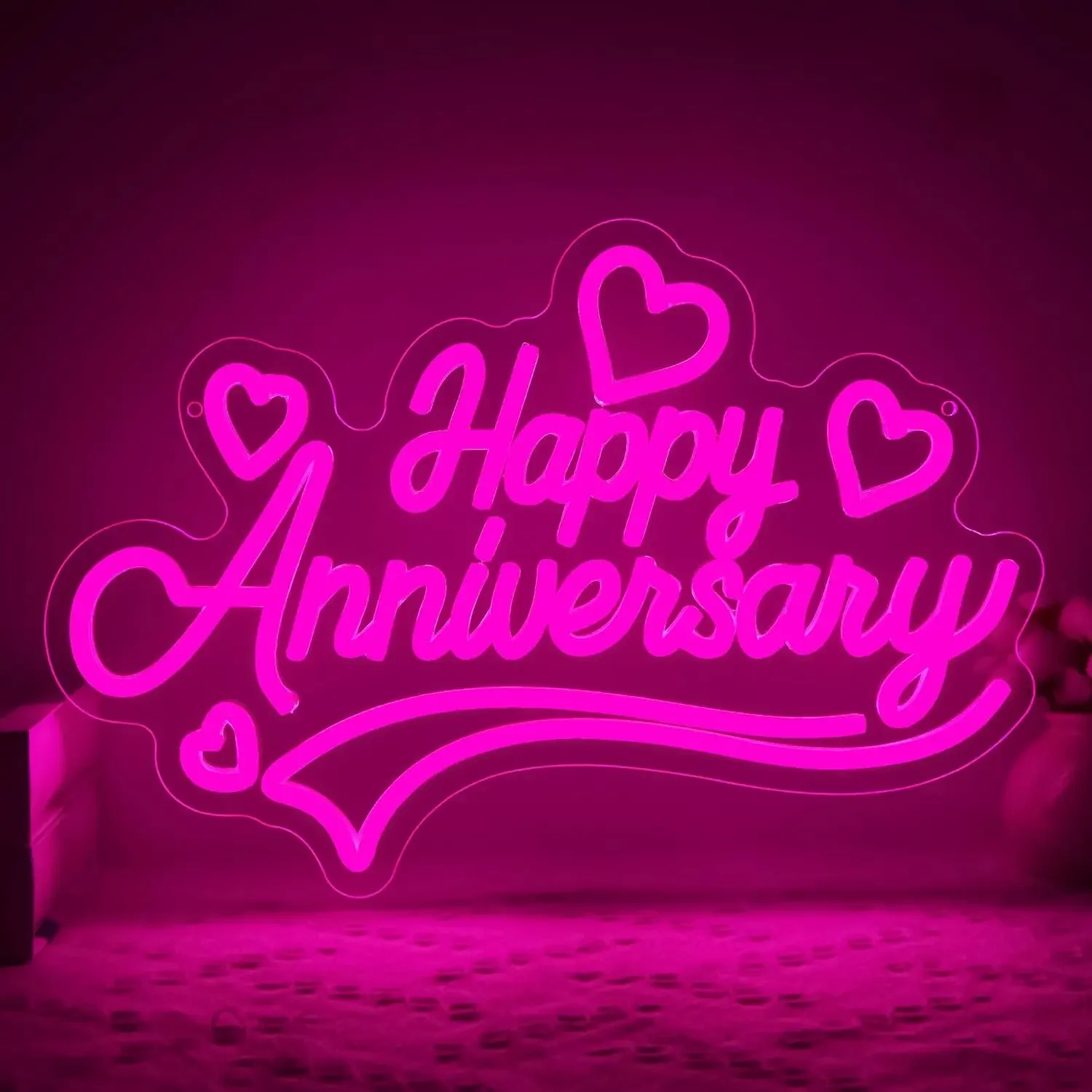 Happy Anniversary Neon Sign Heart Art Wall Light USB Powered LED Light for Girl's Room Wedding Birthday Party Bedroom Decoration