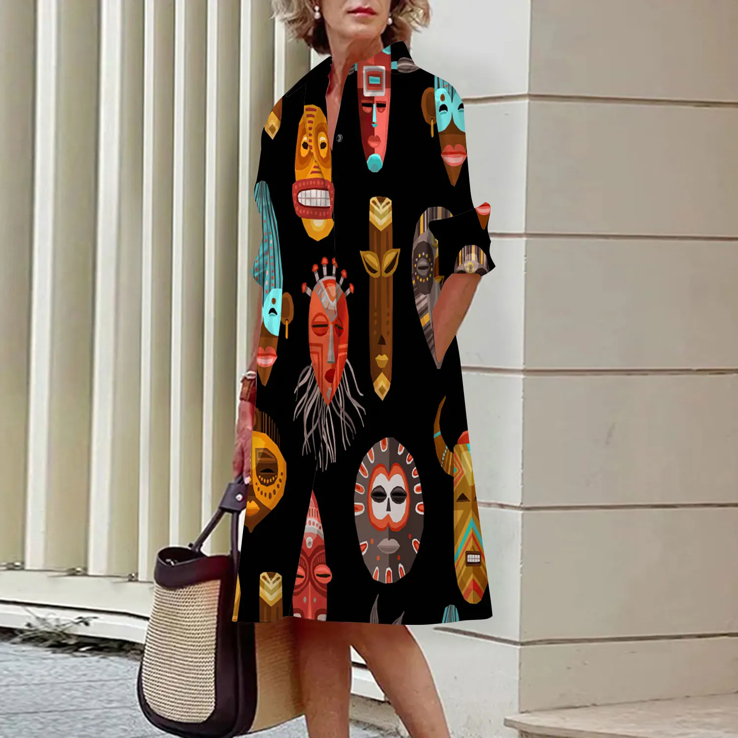 2023 Herfst En Zomer Dames Middellange Jurk Zak Revers Groot Formaat Shirt Jurk Nieuwe Zwarte Losse Casual Temperament Kleding