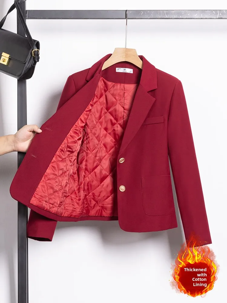 Thickened Wine Red Short Suit Jacket Women's Fashion 2026 New Winter Popular High-End Style Commute Loose Fit Long Sleeve