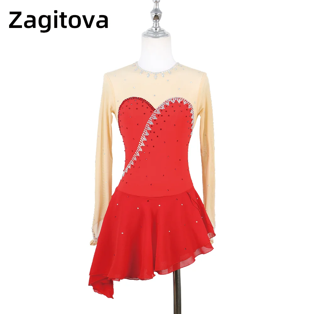 

ZAGITOVA Red Figure Skating Dress Women Girls Ice Figure Skating Skirt Rhinestones Competition Mesh Skirt Ice Dance