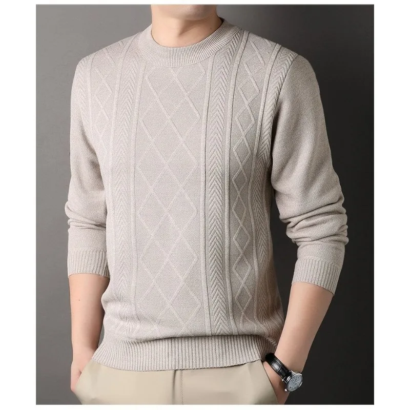 Men Round Neck Knit Sweater Long Sleeve Loose Versatile Warm Top For Middle Aged Dad