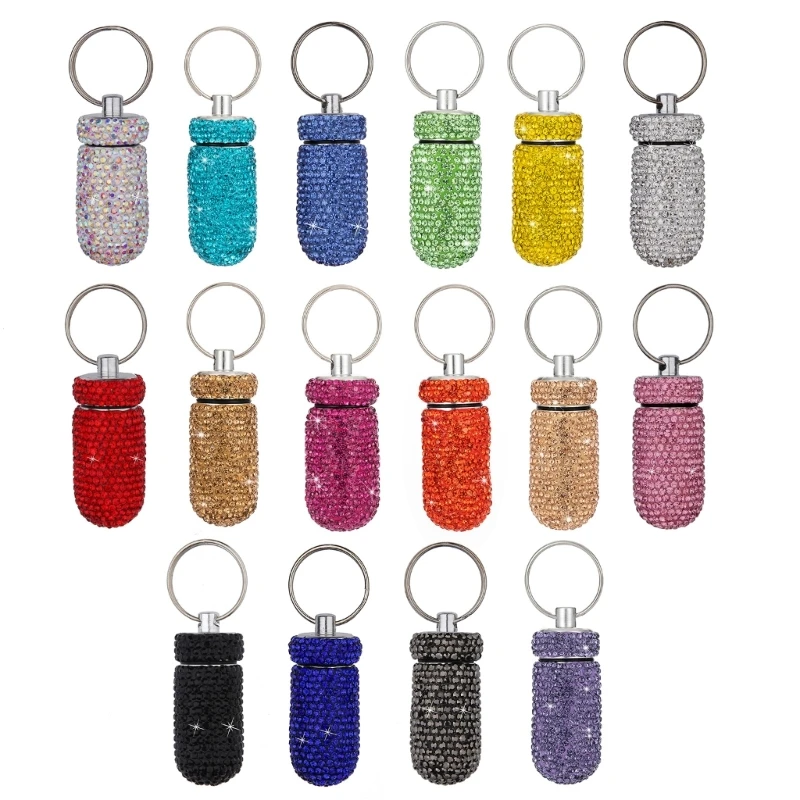 

Compact Rhinestones Pills Case Convenient Aluminum Storage Keychain Pills Holder for Travel and Daily Use