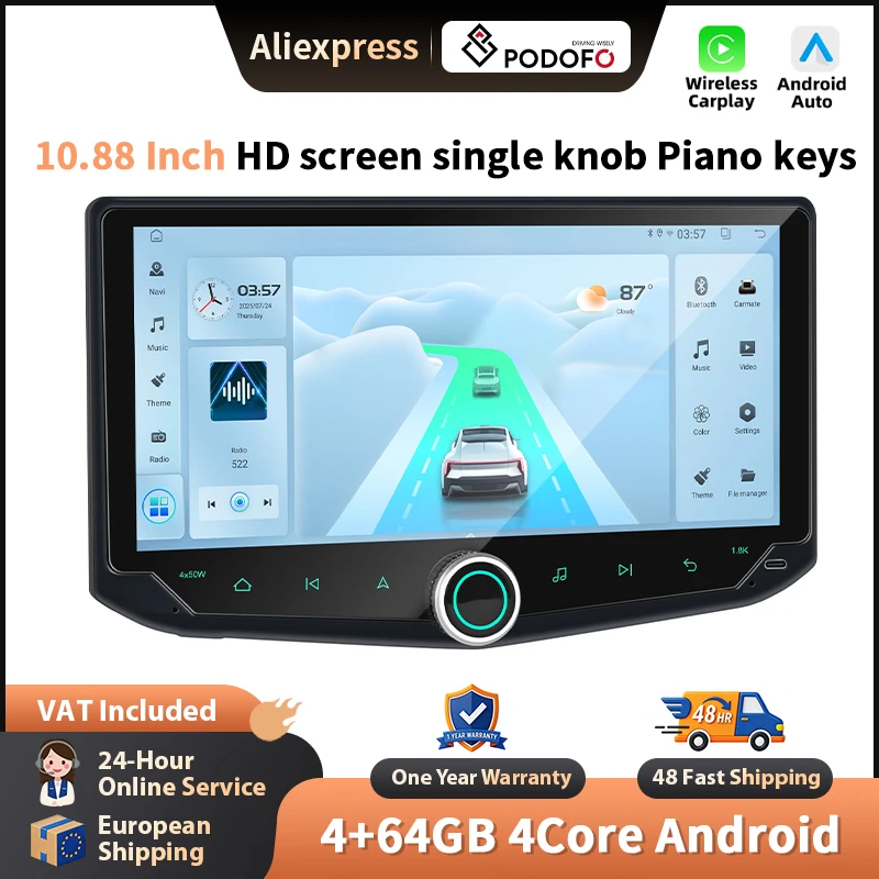 Podofo 10,88 Zoll Autoradio für universelles kabelloses CarPlay Android Auto Multimedia Stereo WIFI GPS Navigation FM/RDS BT 2din Head Unit HD EQ Touchscreen Mirrorlink Multimedia Stereo