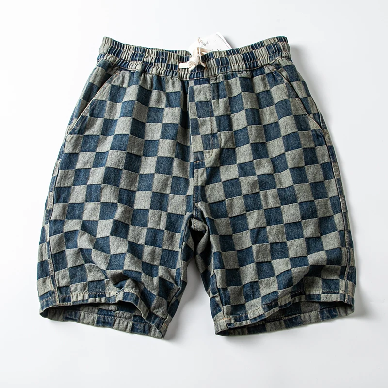 Retro Japanese Style Plaid Shorts Summer Loose Casual Versatile Men's And Women's Denim Five-Point Beach Casual Shorts