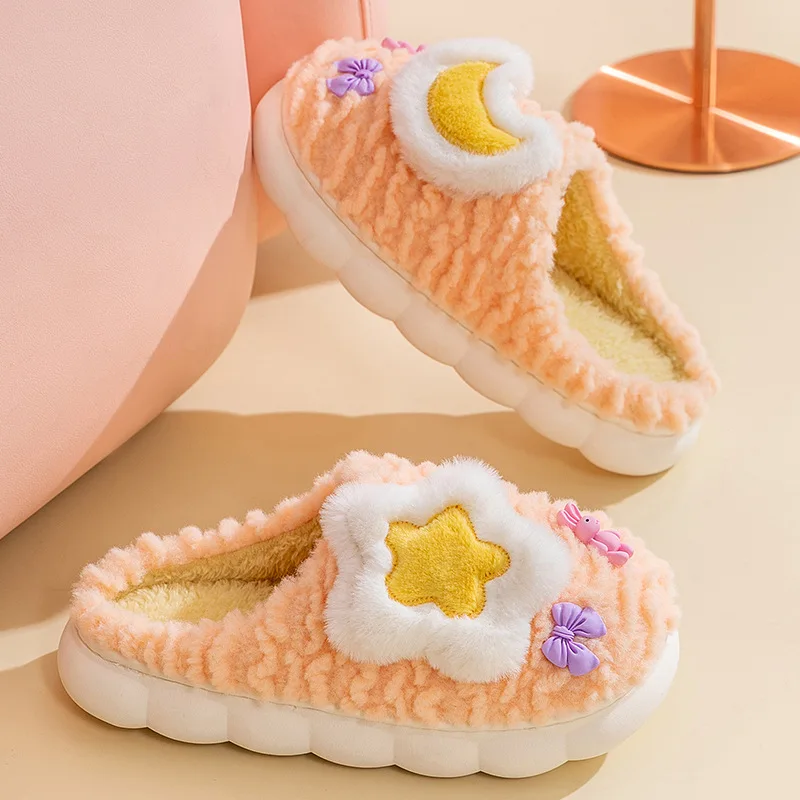 Winter Women's Slippers Cute Stars and Moon Cartoon Fluffy Slippers Non-slip House Slides Women Warm Toe Wrap Home Cotton Shoes