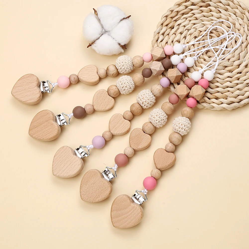 2Pcs Personalized Name Diy Baby Pacifier Clip Chain Heart Wood Silicone Teethers Dummy Nipple Holder Clips Teething Toy Bracelet