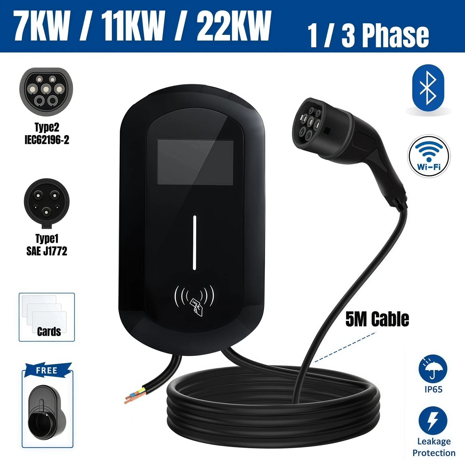 Type 2 EV Charging Station 32A Electric Vehicle Charger EVSE Wallbox 7KW/11KW/22KW Type 1 Cable SAE J1772 IEC62196-2 APP Control