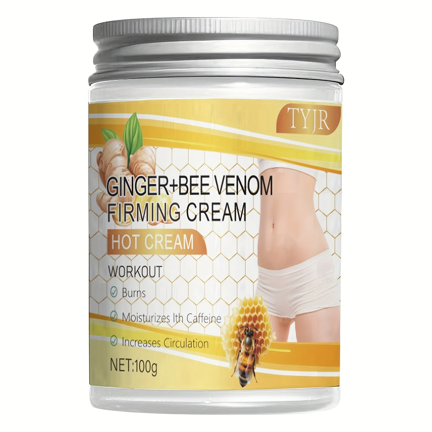 100 g de crema reafirmante de veneno de abeja y jengibre. Con aloe y café para firme y hidrata la piel en el abdomen, los brazos y las piernas.