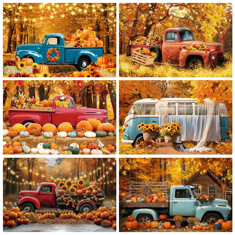 Autumn Scenery Photography Backdrop Fall Farm Barn Haystack Maple Pumpkin Truck Thanksgiving Baby Portrait Photo Background Prop