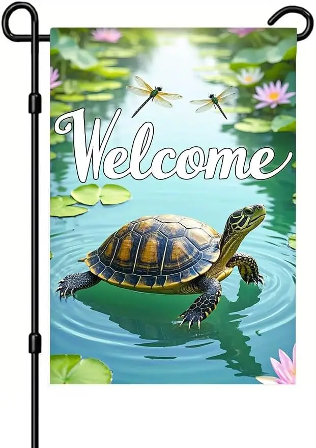 Turtle Garden Flag 12x18 in Pond Welcome Yard Porch Decor | Turtle garden flag with pond lily pads dragonfly and welcome des xxl