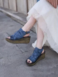 Artmu Original Thick Heel Wedges Sandals For Women Buckle Summer 6cm High Heel Slides Luxury Open Toe Sandals Pleated Ladies