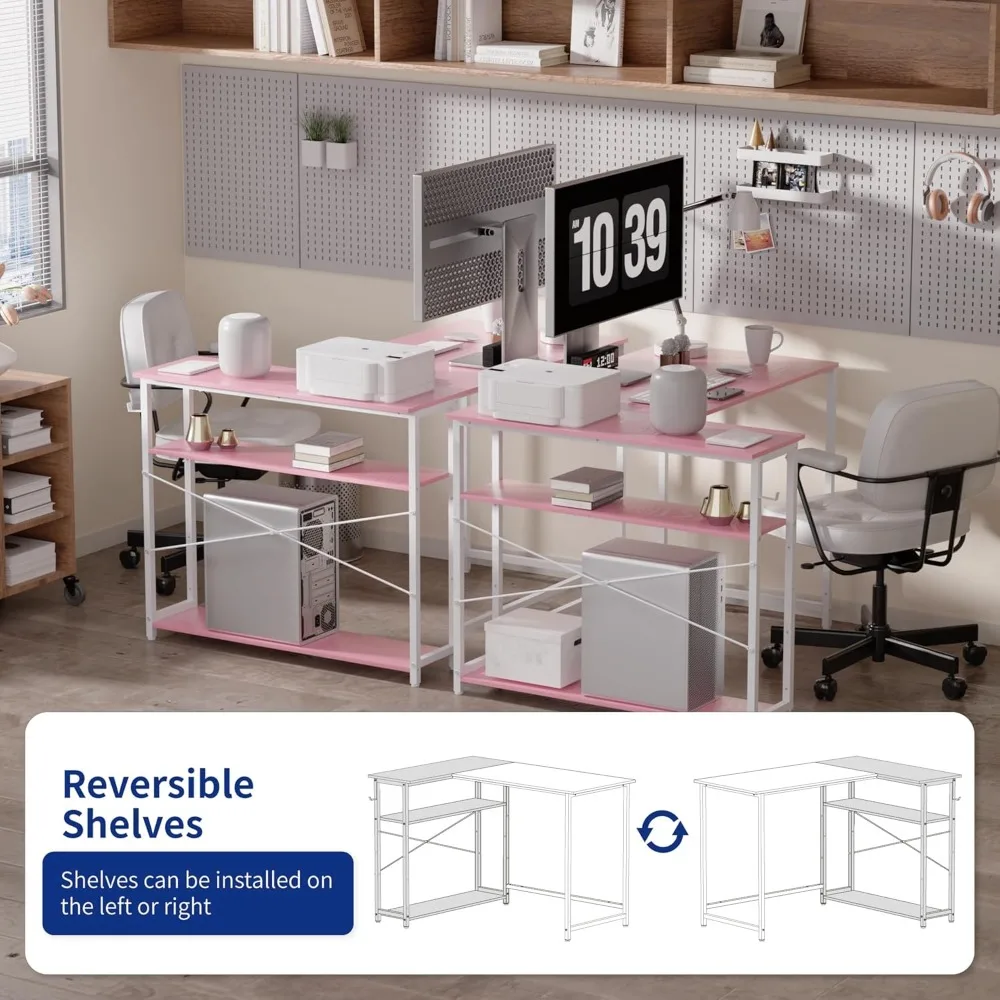 43 Inch L Shaped Computer Desk with Reversible Side Storage Shelves, Small Corner Desk for Small Space Home Office,Writing Stud