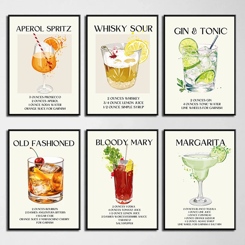 Whisky Sour Negroni Aperol Spritz cóctel receta carteles e impresiones lienzo pintura pared imágenes artísticas para Bar Club decoración del hogar