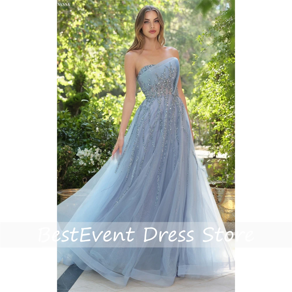 Shiny Sequins A-line Baby Blue Strapless Prom Dresses Sleeveless Floor-Length Formal Evening Gowns Customized