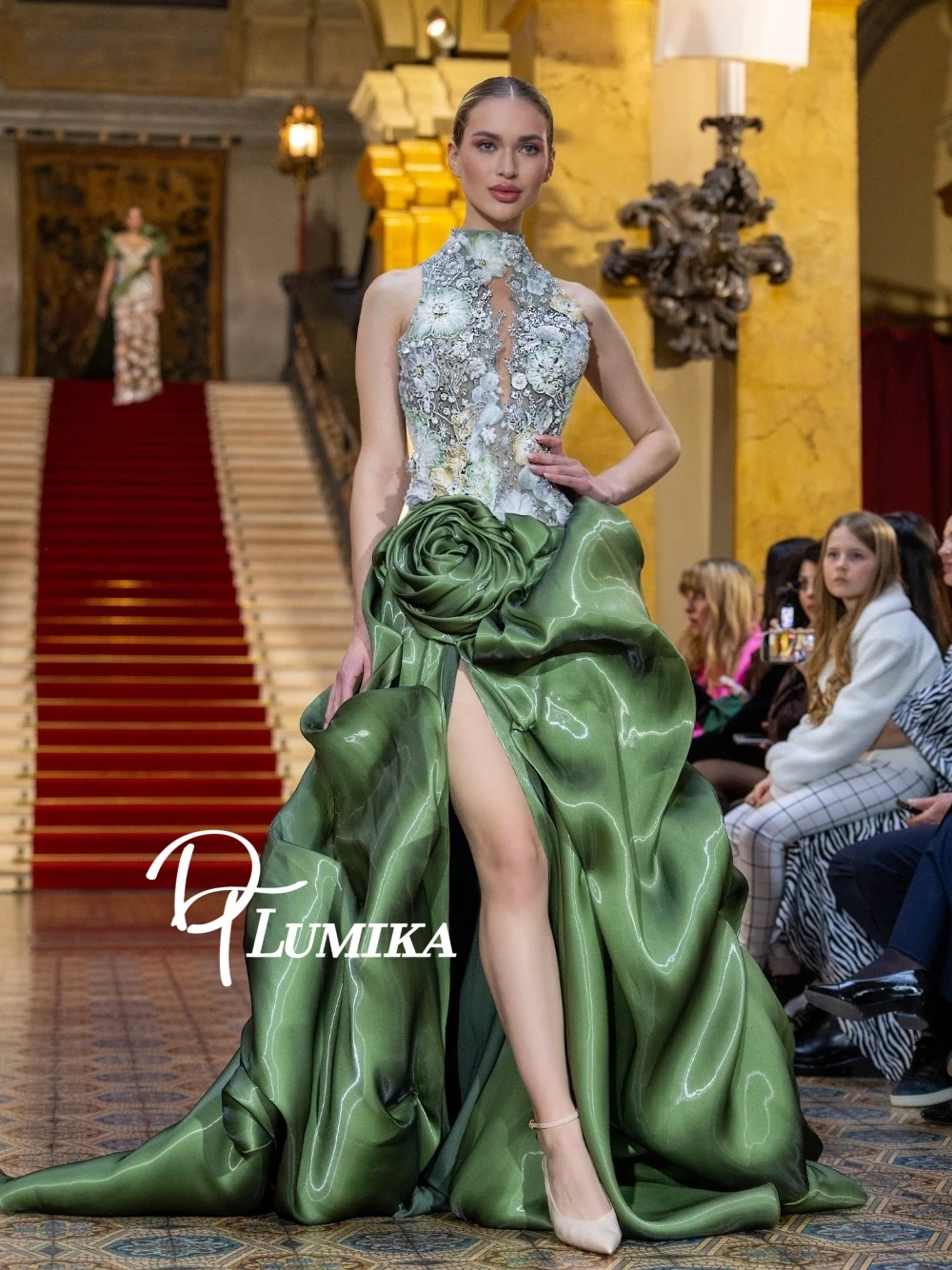 

Green Halter 3D Floral Embroidery Evening Dress Customized Beaded Sheer Corset Satin High Slit Trailing Gown For Runway Show