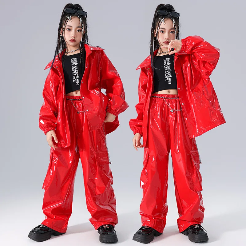 Traje de dança jazz infantil, conjunto de couro brilhante, colheita elegante exposto hip-hop menina dança de rua traje