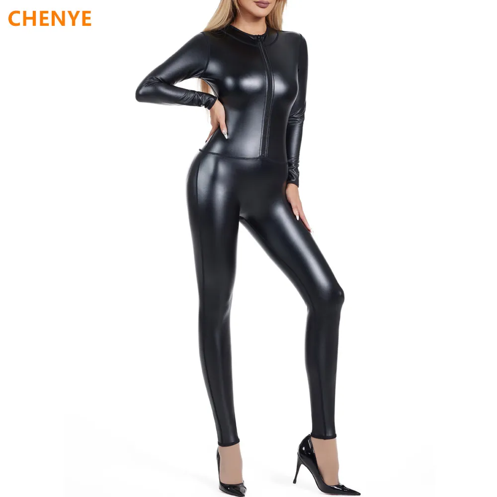 Damskie bezszwowe czopiarki skórzane body modelujące metaliczny zamek błyskawiczny z przodu Mock Neck Catsuit kostium damski elastyczny kombinezon