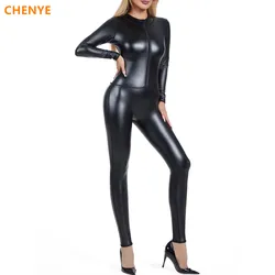 Women's Seamless Shapers Leather Shapewear Bodysuit Metallic Zip Front Mock Neck Catsuit Costume Ladies Elastic Jumpsuit Costume