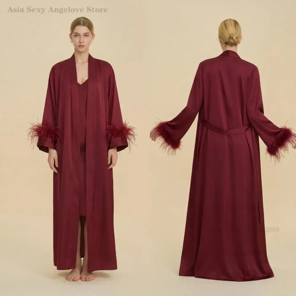 

Female Long Twinset Robe Set Sexy Backless V-Neck Spaghetti Strap Nightgown Bridal Bridesmaid Feather Bathrobe Fashion Sleepwear
